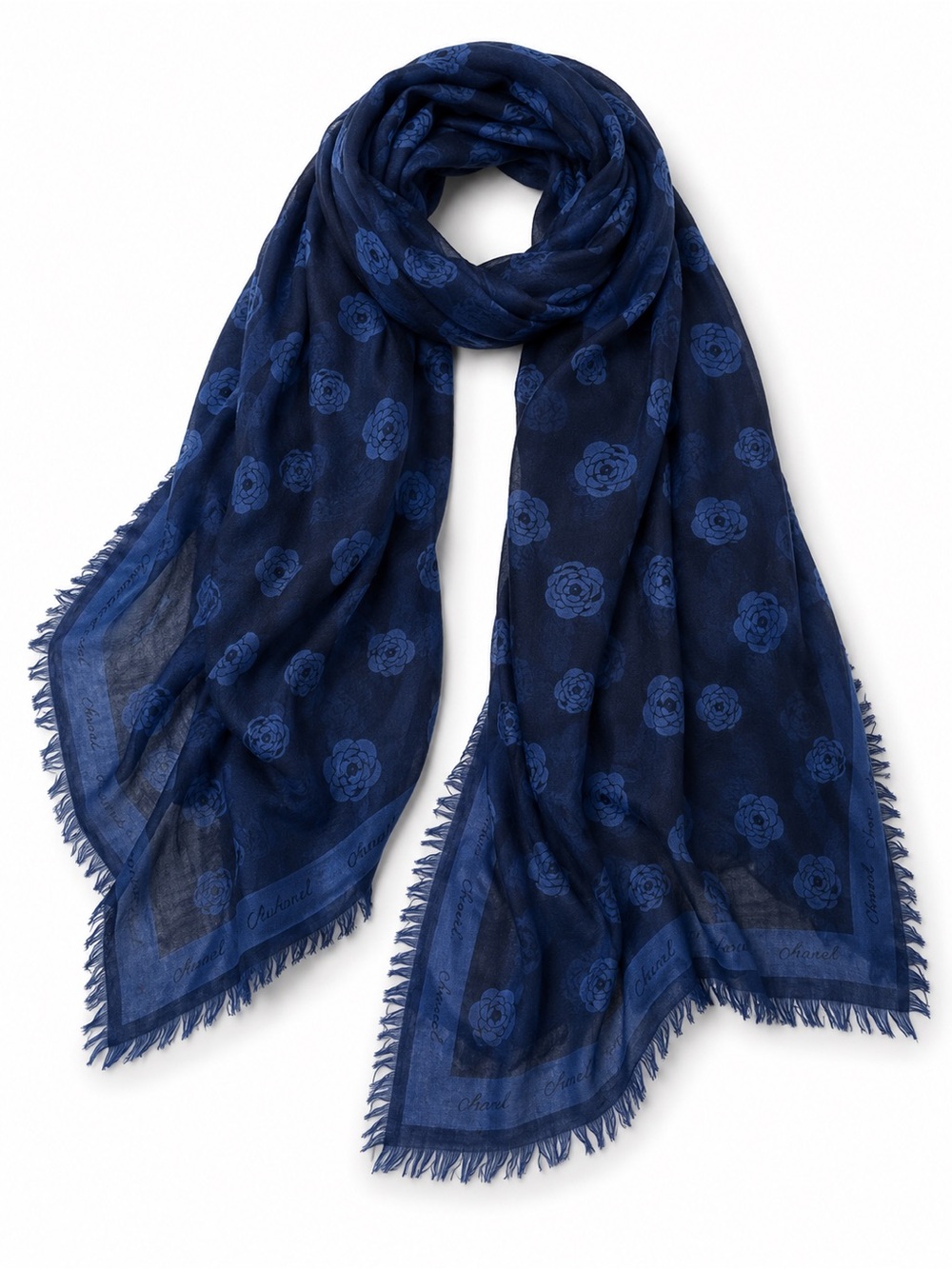 Chanel • Oversized Camellia Silk Wool Logo Scarf / Shawl – Navy Blue Spring 2012